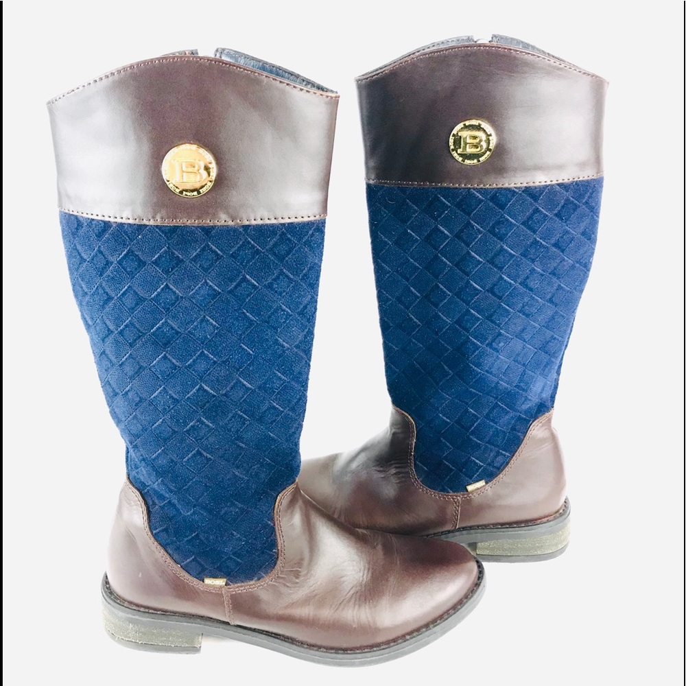BOSI Riding Boots Quilted Blue Suede and Brown Smooth Leather Womens Size 5 - Picture 3 of 8